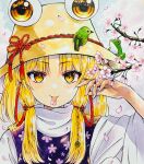  1girl :p animal_on_head bird bird_on_head blonde_hair braid branch brown_hat cherry_blossom_print cherry_blossoms close-up commentary day eyelashes eyes_visible_through_hair floral_print frog green_bird hair_ribbon hand_up hat highres light_blush long_sleeves long_tongue looking_at_viewer medium_hair moriya_suwako on_head outdoors parted_bangs print_vest purple_vest pyonta red_ribbon ribbon shirt single_braid slit_pupils solo straight_hair tongue tongue_out touhou traditional_media tress_ribbon tsurime turtleneck vest white_shirt wide_sleeves yellow_eyes yuzugoori 