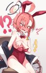  !? 1girl absurdres ahoge animal_ears bar_stool blue_archive blush bow bowtie braid breasts covering_breasts covering_privates detached_collar embarrassed fake_animal_ears gradient_background halo highres huge_ahoge jacket kaiju_ryoku leotard mole mole_under_eye neru_(blue_archive) neru_(bunny)_(blue_archive) official_alternate_costume open_mouth orange_hair oversized_breast_cup playboy_bunny print_jacket rabbit_ears red_bow red_bowtie red_eyes red_leotard short_hair single_braid sitting small_breasts solo stool strapless strapless_leotard sukajan traditional_bowtie wardrobe_malfunction 