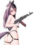  1girl absurdres ak-47 ak-74 ak-74m animal_ears ass ass_focus assault_rifle back belt black_hair cat_ears cat_tail gun harness highres kalashnikov_rifle kotash long_hair looking_at_viewer looking_back o-ring o-ring_belt o-ring_harness original panties red_eyes rifle solo tail underwear weapon 