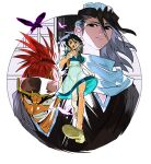  1girl 2boys abarai_renji absurdres apron aqua_dress backpack bag black_hair black_robe bleach border bug butterfly clenched_teeth dress forked_eyebrows full_body furrowed_brow goggles goggles_on_head hair_between_eyes highres kuchiki_byakuya kuchiki_rukia long_hair medium_hair multiple_boys open_mouth ponytail red_hair robe running scarf shihakusho short_sleeves sweatdrop teeth upper_body waist_apron white_apron white_border wide-eyed xi_luo_an_ya 