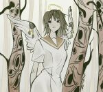  1girl absurdres angel angel_wings arm_behind_back black_eyes brown_hair closed_mouth commentary cowboy_shot disembodied_eye dress feathered_wings haibane_renmei halo highres inktober looking_to_the_side medium_hair orange_sailor_collar rakka_(haibane_renmei) sailor_collar short_sleeves solo tassel traditional_halo tree white_background white_dress wing_ornament wings wozwald_(wd_40) 