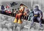  absurdres archecopeteryx belt building cigarette city claws closed_eyes closed_mouth commentary darumaka english_commentary fire flying food fruit hand_on_another's_shoulder highres holding holding_cigarette holding_food holding_fruit horns lunch_atop_a_skyscraper_(photograph) machoke machop marshadow medicham meltan murkrow muscular nut_(hardware) open_mouth parody perrserker photo_background pokemon pokemon_(creature) pokemon_focus red_eyes sharp_teeth signature sitting skyscraper smile smoke steel_beam teeth tyrogue yellow_eyes 