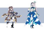  2girls :d anya_melfissa anya_melfissa_(1st_costume) arm_at_side arms_at_sides black_sclera blue_eyes brown_hair closed_mouth colored_sclera commentary deevious_deevi english_commentary full_body grey_hair hand_on_own_chest high_ponytail highres hololive hololive_indonesia joints looking_at_viewer mechanical_hair mechanical_skirt mechanization metal_skin multiple_girls open_mouth pavolia_reine pavolia_reine_(1st_costume) ponytail purple_eyes robot_girl robot_joints shadow simple_background smile standing standing_on_one_leg 