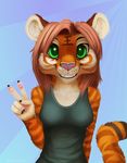  anthro clothed clothing cute feline female fur green_eyes hair jamesfoxbr long_hair looking_at_viewer mammal mei_chengse solo stripes teeth tiger whiskers 