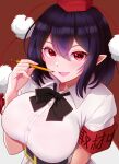  1girl armband belt black_bow black_bowtie black_hair black_skirt black_wings bow bowtie breasts commentary_request duplicate from_above hair_between_eyes hat highres huge_breasts kisaragi_koushi looking_at_viewer pen pixel-perfect_duplicate pointy_ears pom_pom_(clothes) red_eyes red_hat shameimaru_aya shirt short_hair short_sleeves skirt solo tassel tokin_hat touhou upper_body white_shirt wings 
