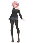  1girl alternate_costume amagi_(amagi626) bandaged_arm bandages black_pantyhose black_shirt blue_shorts blush boots breasts brown_boots bun_cover cleavage commentary_request contemporary denim double_bun full_body hair_bun highres ibaraki_kasen jeans large_breasts long_sleeves looking_at_viewer medium_hair open_mouth pants pantyhose pink_eyes pink_hair shirt shorts simple_background smile solo thighband_pantyhose touhou variant_set white_background 