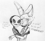  2015 animatronic anthro black_and_white buckteeth dialogue english_text five_nights_at_freddy&#039;s five_nights_at_freddy&#039;s_2 hug humanoid inkyfrog lagomorph looking_at_viewer machine male mammal marionette_(fnaf) monochrome open_mouth open_smile rabbit robot scared simple_background smile sweat teeth text toy_bonnie_(fnaf) traditional_media_(artwork) video_games white_background 
