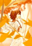  1girl angel angel_wings autumn autumn_leaves blurry brown_hair closed_eyes cowboy_shot depth_of_field dress feathered_wings from_side haibane_renmei halo highres holding holding_leaf leaf oisiiidoo orange_sailor_collar orange_theme outdoors profile rakka_(haibane_renmei) sailor_collar short_hair short_sleeves solo standing static_cling traditional_halo tree white_dress wings 