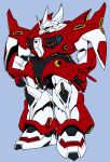  1990s_(style) colored_lineart darksungo english_commentary grey_background gundam gundam_f91_formula_report_0122 highres mecha mecha_focus mobile_suit neo_zeon no_humans one-eyed ookawara_kunio retro_artstyle rf_gelgoog robot scan science_fiction third-party_edit traditional_media 
