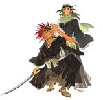  2boys abarai_renji absurdres black_hair black_hakama bleach closed_mouth full_body furrowed_brow grin hakama hakama_pants highres holding holding_sword holding_weapon japanese_clothes katana kuchiki_byakuya long_hair male_focus multiple_boys pants red_hair sandals scarf shihakusho smile socks squatting standing sword tabi teeth weapon white_background white_socks wide_sleeves xi_luo_an_ya 