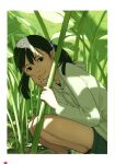  1girl absurdres border dappled_sunlight fern green_shorts hand_on_own_cheek hand_on_own_face highres holding holding_plant hood hood_down hoodie original page_number plant shorts smile solo squatting sunlight takamichi twintails white_border white_hoodie 