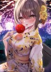  1girl aerial_fireworks bench blush breasts brown_eyes brown_hair candy_apple character_request chicchakutte_dekakute_kawaii_nanase-san_wo_kanchigai_moto_kare_kara_ubatte_shiawase_ni_suru commentary_request copyright_notice fireworks floral_print floral_print_kimono flower food hair_flower hair_ornament highres japanese_clothes kimono namagome_negi obi on_bench print_kimono sash solo tongue white_kimono yellow_flower 