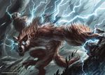  anthro canine claws lightning looking_at_viewer magic_the_gathering mammal muscular official_art outside raymond_swanland sharp_teeth signature snarling solo standing teeth vein were werewolf 
