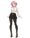  1girl alternate_costume amagi_(amagi626) bandaged_arm bandages black_pantyhose black_skirt boots breasts brown_boots bun_cover commentary_request contemporary double_bun full_body hair_bun highres ibaraki_kasen jewelry large_breasts medium_hair necklace pantyhose pink_eyes pink_hair simple_background skirt solo sweater touhou variant_set white_background white_sweater 