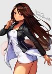  1girl adapted_costume agnes_oblige ass ass_peek black_jacket black_trim bravely_default:_flying_fairy bravely_default_(series) brown_eyes brown_hair collarbone commentary_request contemporary dress highres jacket jewelry lapis_lazuli_(gemstone) long_hair long_sleeves looking_at_viewer microdress pendant r123 simple_background smile solo thank_you white_dress 