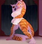  anthro digitigrade feline female fur hair long_hair looking_at_viewer mammal mei_chengse nipples pink_hair pussy simple_background solo stripes thunper tiger whiskers 