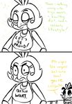  2015 animatronic anthro avian bib bird chicken comic dialogue duo english_text female five_nights_at_freddy&#039;s five_nights_at_freddy&#039;s_2 inkyfrog lies machine restricted_palette robot simple_background text toy_chica_(fnaf) video_games white_background withered_chica_(fnaf) 