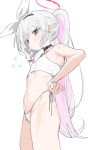  1girl black_choker black_eyes black_hairband blue_archive bow bra choker closed_mouth colored_inner_hair cowboy_shot flat_chest flying_sweatdrops hair_bow hairband halo highres long_hair measho multicolored_hair navel panties pink_hair plana_(blue_archive) ponytail red_halo red_pupils side-tie_panties simple_background solo string_panties two-tone_hair underwear very_long_hair white_background white_bow white_bra white_hair white_panties 