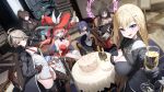  6+girls absurdres ahoge arm_up asherah_(star_savior) bare_shoulders between_breasts black_dress black_gloves black_hair black_jacket black_thighhighs black_tiara blonde_hair blue_eyes breasts brown_hair buckle cake candle celebration chair champagne_bottle champagne_flute chest_harness cleavage cleavage_cutout closed_mouth clothing_cutout collared_shirt commentary counter:side crossover crown cup dress drinking_glass dutch_angle english_commentary fingerless_gloves food gloves hair_between_eyes hair_ornament hand_on_own_chest hand_on_own_hip hand_up harness hat highres hilde_(counter:side) holding holding_cup holding_sword holding_weapon indoors jacket large_breasts large_hat light_particles long_hair long_sleeves luna_(star_savior) manda_(luts7602) medium_breasts multicolored_hair multiple_girls necktie necktie_between_breasts omega_(star_savior) on_chair open_mouth outstretched_arm partially_fingerless_gloves pink_hair pink_streaks plate ponytail purple_eyes purple_hair red_dress red_eyes red_hat red_necktie rosaria_(star_savior) shirt single_thighhigh sitting small_breasts smile snap-fit_buckle standing star_savior strapless strapless_dress streaked_hair sword thighhighs thighs tiara very_long_hair weapon white_gloves white_shirt witch witch_hat yellow_eyes yoo_mina 