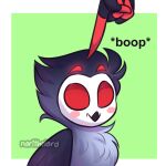1:1 2021 4_eyes artist_name avian beak bird black_body black_feathers blitzo_(helluva_boss) blush blush_stickers boop demon disembodied_hand duo empty_eyes feathers feral feral_focus feralized fluffy fluffy_chest geometric_background grey_body grey_feathers hellaverse helluva_boss imp male multi_eye norithelord owl owl_demon poking poking_head red_eyes red_fingers simple_background smile solo_focus stolas_(helluva_boss) text watermark white_face