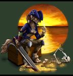  anthro clothed clothing female hat mammal melee_weapon mustelid otter pirate_outfit sitting skull smile solo stesha_di sunset sword weapon 