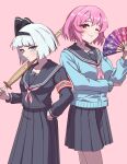  2girls absurdres armband black_hairband black_sailor_collar black_shirt black_skirt blue_cardigan blue_eyes cardigan closed_mouth commentary_request contemporary folding_fan grey_hair hairband hand_fan highres holding holding_fan holding_sword holding_weapon konpaku_youmu long_skirt long_sleeves looking_at_viewer missing_headwear multiple_girls neckerchief one_eye_closed pink_background pink_eyes pink_hair pink_neckerchief pleated_skirt red_armband saigyouji_yuyuko sailor_collar school_uniform serafuku shinai shirt simple_background skirt smile sword tamahuku_0911 touhou translation_request weapon 