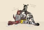 anthro athletic athletic_anthro athletic_male bat bat_nose bat_wings black_hair black_nose body_hair bottomwear brown_body chest_tuft claws clothing cozy crossed_legs dialogue digital_drawing_(artwork) digital_media_(artwork) dolphin_shorts drawing duo equid equine familiar_nobody famno_(familiar_nobody) fangs finger_claws fur gloves_(marking) hair happy happy_trail head_on_arm head_on_shoulder hi_res hooves impressed inner_ear_fluff leaning long_hair male male/male mammal markings membrane_(anatomy) membranous_wings paper pawpads paws pencil_(object) pink_ears red_hair relaxing shaded shirt shorts simple_background sitting size_difference striped_body striped_fur stripes surprised t-shirt teeth text tongue topwear tuft tufted_fur white_body white_fur winged_arms wings zebra