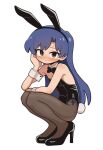  1girl animal_ear_hairband animal_ears black_bow black_bowtie black_leotard black_shoes blue_hair blush bow bowtie brown_eyes brown_pantyhose closed_mouth commentary_request detached_collar fake_animal_ears fake_tail fis_(t83192933) flat_chest full_body hairband hand_on_own_cheek hand_on_own_face high_heels highres idolmaster idolmaster_(classic) kisaragi_chihaya leotard long_hair looking_at_viewer pantyhose playboy_bunny rabbit_ear_hairband rabbit_ears rabbit_tail shoes side-tie_leotard simple_background solo squatting strapless strapless_leotard tail traditional_bowtie white_background white_wrist_cuffs wrist_cuffs 