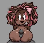 2026 anthro blush blush_lines bodily_fluids breast_play breasts brown_body brown_fur canid canine canis clenched_teeth crossgender dallas_(lyraarts) digital_drawing_(artwork) digital_media_(artwork) domestic_dog dreadlocks duo eyeliner eyeshadow faceless_character faceless_male female fur genital_fluids genitals glistening glistening_breasts grey_background grey_body heart_fur_pattern hi_res leaking_precum lipstick lyraarts makeup male male/female mammal nipples penis pink_bow pink_eyeshadow pink_lipstick poodle precum precum_on_penis sex simple_background teeth titfuck