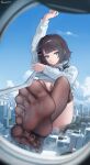  1girl absurdres aircraft airplane airplane_interior arknights arknights:_endfield arm_up artist_name black_hair black_pantyhose blue_sky breasts building city cloud commentary_request destruction endministrator_(arknights) feet female_endministrator_(arknights) foot_focus giant giantess highres large_breasts long_sleeves mousedic07 no_mask pantyhose pov ribbed_sweater short_hair sitting sky skyscraper solo sweater white_sweater 