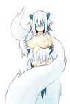  big_breasts black_sclera blue_eyes blush breasts female fluff_snake fluffy fur glowing glowing_eyes hair horn humanoid lamia long_tail looking_at_viewer monster_girl_(genre) nipples nude pointing pointy_ears reptile scales scalie shenti shy slit_pupils snake solo sub-res white_fur white_hair 