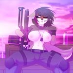  anthro breasts canine chococosalo earpiece female flamethrower fox jewelry mammal necklace nipples ranged_weapon sitting smile solo spread_legs spreading thick_thighs weapon 