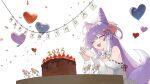  1girl 2025 :3 absurdres ahoge alternate_costume balloon bare_shoulders bell beret birthday_cake blush bow bowtie cake chocolate_cake closed_eyes commentary_request cone_hair_bun confetti double_bun dress english_text fang food fox_girl fox_tail fruit hair_bow hair_bun hair_ornament hair_rings hairclip happy_birthday hat heart heart_balloon highres inari_(tenko_shibuki) korean_commentary leaning_on_table long_hair long_sleeves multicolored_hair nbee_ya open_mouth pom_pom_(clothes) pom_pom_hair_ornament purple_hair red_bow smile solo stellive strawberry streaked_hair table tail tenko_shibuki virtual_youtuber white_bow white_hat white_streaks 