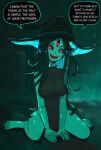  1girl absurdres bare_shoulders barefoot basedbinkie between_legs bioluminescence black_dress black_sclera breasts chivalry_starved colored_sclera colored_skin dress english_text fangs full_body glowing green_hair green_hat green_skin hand_between_legs hat highres hope_(basedbinkie) large_breasts long_hair looking_at_viewer monster_girl open_mouth pelvic_curtain red_eyes requesting_impregnation sitting slit_pupils smile solo speech_bubble third_eye very_long_hair wariza witch_hat 
