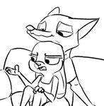  2017 anthro black_and_white bluedouble canine clothed clothing disney duo female fox judy_hopps lagomorph male mammal monochrome nick_wilde on_lap rabbit simple_background sitting sitting_on_lap sofa story story_in_description white_background zootopia 