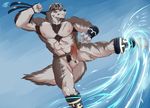  anthro armpit_hair armpits blush canine clothing erection horkeukamui loincloth male mammal penis scar shade_the_wolf simple_background solo tokyo_afterschool_summoners wolf 