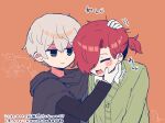  2boys :d animalization black_jacket blush_stickers cardigan cloak collared_shirt commentary_request dog doodle_inset drawn_tail dress_shirt gloves green_cardigan grey_cloak grey_eyes grey_hair happy hood hood_down hooded_cloak jacket kuchinashi_dabi leaning_forward mole mole_under_eye multicolored_hair multiple_boys okudo_(okudo61) orange_background oshi_no_taisetsuna_hito_ni_narikawaru person_and_animalization petting ponytail red_hair sharp_teeth shirt smile teeth tonimura_yui translation_request two-tone_hair upper_body white_gloves 