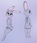  2017 3_toes anthro bare_back blush bottomless butt clothed clothing disney female flat_chested hi_res judy_hopps lagomorph looking_at_viewer looking_back mammal multiple_poses open_mouth pose purple_background purple_eyes rabbit rear_view simple_background sitting solo standing sweater toes virgin_killer_sweater yitexity zootopia 