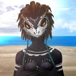 anthro argonian beach beaded_jewelry beads blue_nipples bodypaint breast_play breast_squish breasts claws cloud dark_body detailed_background face_paint feather_hair feathers female hi_res jewelry looking_at_viewer microsoft nipples orange_eyes pseudo_hair scalie sea situth_(varlastreak) small_breasts solo squish the_elder_scrolls varlastreak water
