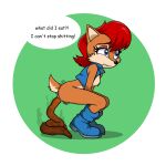 absurd_res anal_wink anthro anus blue_eyes bottomless chipmunk clothed clothing crouching dialogue english_text feces feces_in_ass feces_on_ground feces_pile female ground_squirrel hi_res jacket jacket_only mammal pooping pooping_on_floor rodent sally_acorn sciurid sega simsom smelly smelly_feces solo sonic_the_hedgehog_(series) text topwear topwear_only