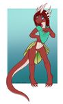  2016 ailuranthropy anthro barefoot blue_background blue_eyes blue_topwear breasts clothed clothing clothing_lift countershading digital_media_(artwork) dragon evellyn female flashing front_view fully_clothed green_bottomwear hair hand_on_breast horn multicolored_body no_underwear pussy red_body red_hair scalie shirt simple_background skirt skirt_lift smile solo standing 
