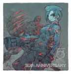  1girl anniversary beret bodysuit border breasts closed_mouth commentary_request gloves grenade_launcher hat holding holding_weapon jill_valentine monster nakayama_tooru resident_evil resident_evil_1 short_hair standing twitter_username tyrant_(resident_evil) watermark weapon white_border 