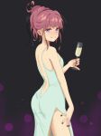  1girl :3 absurdres alcohol back backless_dress backless_outfit black_bow black_nails bocchi_the_rock! bow champagne champagne_flute commentary cup dress drinking_glass fang fingernails green_dress hair_bow hand_on_own_thigh highres hiroi_kikuri nail_polish new_year pinky_out purple_eyes purple_hair simple_background sleeveless sleeveless_dress solo spaghetti_strap thighs treepxiv 
