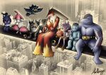  absurdres archecopeteryx belt building cigarette city claws closed_eyes closed_mouth commentary darumaka english_commentary fire flying food fruit hand_on_another's_shoulder highres holding holding_cigarette holding_food holding_fruit horns lunch_atop_a_skyscraper_(photograph) machoke machop marshadow medicham meltan murkrow muscular nut_(hardware) open_mouth parody perrserker photo_background pokemon pokemon_(creature) pokemon_focus red_eyes sharp_teeth signature sitting skyscraper smile smoke steel_beam teeth tyrogue yellow_eyes 