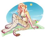  anthro bikini clothing digitigrade feline fur green_eyes hair long_hair mammal mei_chengse pink_hair rokemi solo stripes swimsuit tiger whiskers 