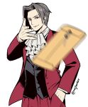  1boy ace_attorney arm_up ascot black_vest closed_mouth commentary cowboy_shot curtained_hair english_commentary envelope grey_eyes grey_hair hand_in_pocket jacket long_sleeves looking_at_viewer maji_(majibomber) male_focus manila_envelope meme miles_edgeworth open_clothes open_jacket pants red_jacket red_pants red_suit short_hair simple_background smile solo standing suit throwing twitter_username vest white_ascot white_background woe_plague_be_upon_ye_(meme) 