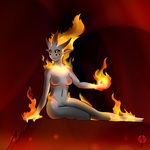  breasts elemental featureless_breasts female fire fire_elemental flaming_hair four_eyes fyxx hair horn humanoid looking_at_viewer monster_girl_(genre) multi_eye not_furry nude pointy_ears sitting solo thundragon 