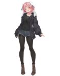  1girl alternate_costume amagi_(amagi626) black_jacket black_pantyhose black_shirt blue_shorts blush boots brown_boots bun_cover commentary_request contemporary denim double_bun full_body hair_bun highres ibaraki_kasen jacket jeans long_sleeves medium_hair open_clothes open_jacket open_mouth pants pantyhose pink_eyes pink_hair shirt shorts simple_background smile solo thighband_pantyhose touhou variant_set white_background 
