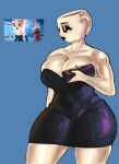 2025 absurd_res ballerina_cappuccina bare_shoulders bent_arm big_breasts big_eyes biped black_clothing black_dress black_eyebrows black_eyes black_eyeshadow black_fingernails black_lipstick black_nails black_nose blue_background breasts broad_shoulders cleavage cleavage_overflow clothed clothed_female clothed_humanoid clothing collarbone colored_fingernails colored_nails cup_humanoid digital_drawing_(artwork) digital_media_(artwork) dress eyebrows eyelashes eyeshadow female fingernails fingers glistening glistening_arms glistening_body glistening_breasts glistening_eyelids glistening_legs glistening_lips glistening_shoulders glistening_skin glistening_thighs half-closed_eyes head_turned hi_res holding_object holding_purse humanoid iris light_body light_skin lips lipstick long_eyelashes looking_down makeup monotone_background nails narrowed_eyes no_pupils not_furry pointy_nose portrait pose purse quattrant reference_image simple_background skimpy skimpy_dress solo standing strapless_clothing strapless_dress thick_lips thick_thighs three-quarter_portrait three-quarter_view white_body white_breasts white_sclera white_skin wide_hipped_female wide_hipped_humanoid wide_hips