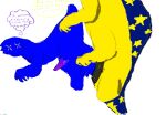  4_fingers 67 8_eyes animal_genitalia anonymusophidian anthro big_dom_small_sub blue_body bodily_fluids claw_fingers claws cloaca cloacal_penis dominant dozer_(grace) duo fingers genitals humanoid kookoo_(grace) looking_up_at_partner male male/male multi_eye nervous nervous_smile nervous_sweat out_of_frame short_fur size_difference sweat tagme thought_bubble x_eyes 